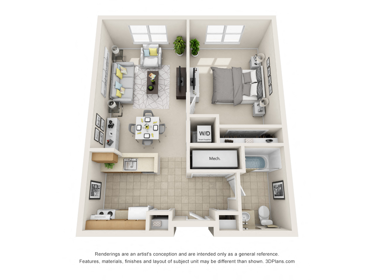 Floor plan for 1 bed, 1 bath, 753 sqft